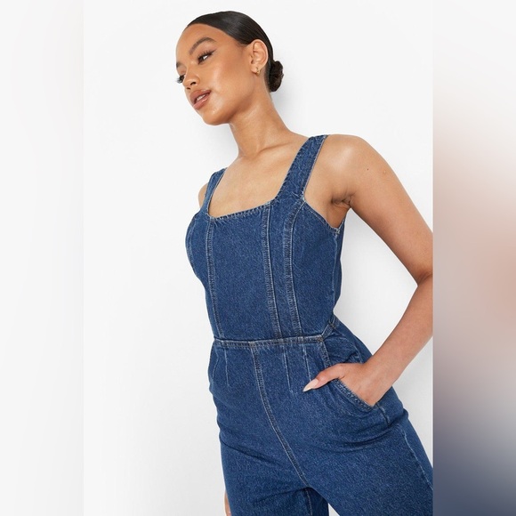 Boohoo Square neck tapered Denim Jumpsuit- Size 6 - Picture 3 of 12